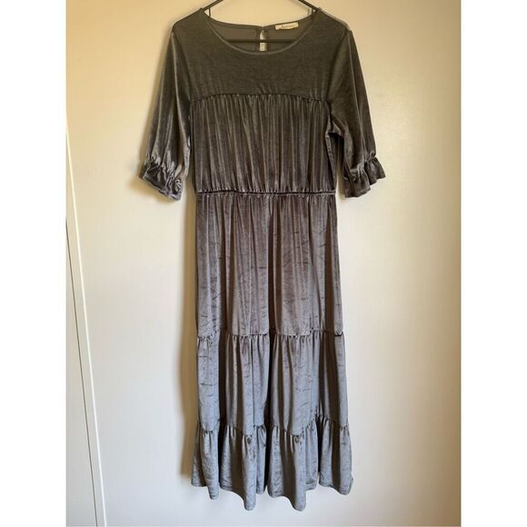 Cedar & Gold Velvet Grey Chrome Tiered Long Maxi Dress sz L Cottage Prairie Boho - Picture 2 of 7